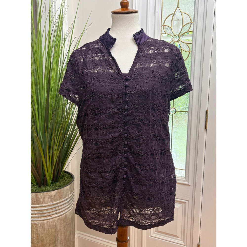 Alfani Lace Blouse Short SleevePurple Plum Ruffle Collar Button Front 1X